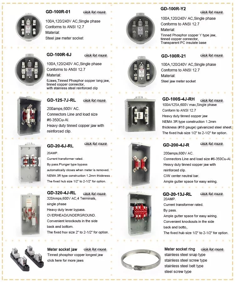 Square Electric Meter Box Power 200A Single-Phase 4jaw 5jaw Ring Type Series Meter Base Meter Sockets