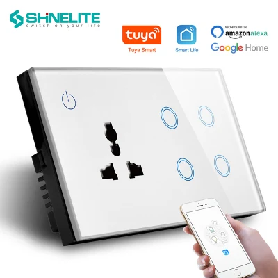 Smart Switch e presa WiFi standard del Regno Unito, controllo vocale, interruttore a 4 gang con presa